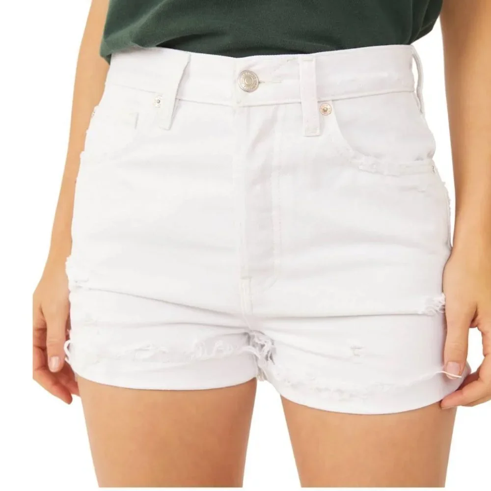 Free people lasso optic white denim jean distressed cuff raw hem shorts 31‎ NWT